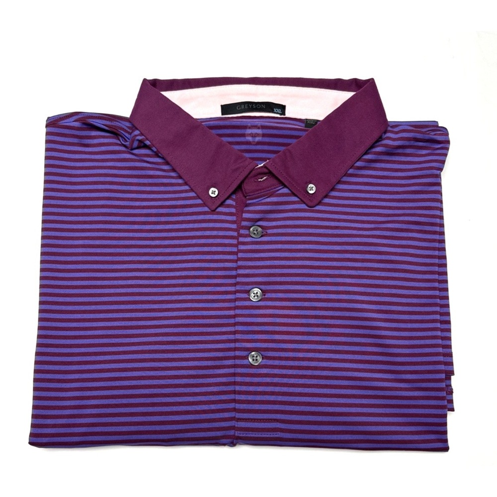 Greyson Sahalee Polo‎ Shirt Mens XXL Purple Blue Striped Golf Moisture Wicking